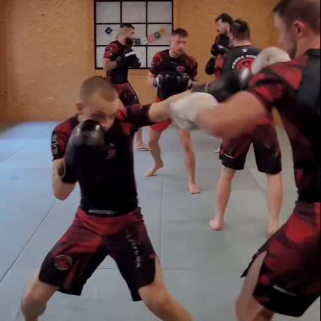 Partnerübung mit Boxhandschuhen.